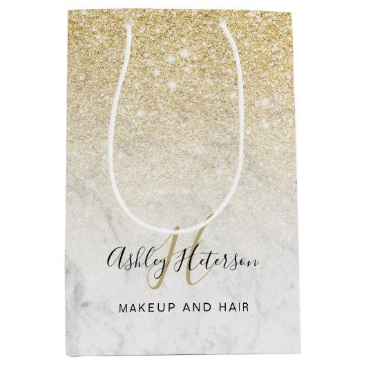Makeup monogram marmer chic gold glitter script medium cadeauzakje (Voorkant)