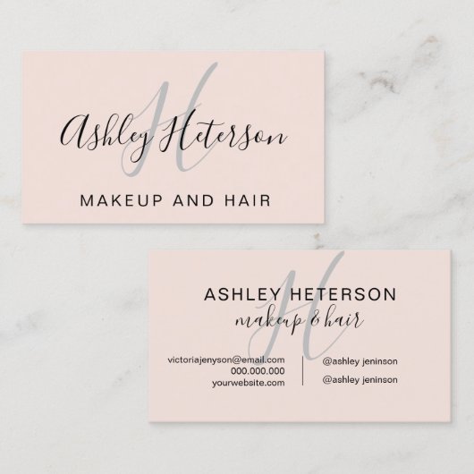 Makeup monogram roze minimalistisch elegant script visitekaartje (Voorkant / Achterkant)