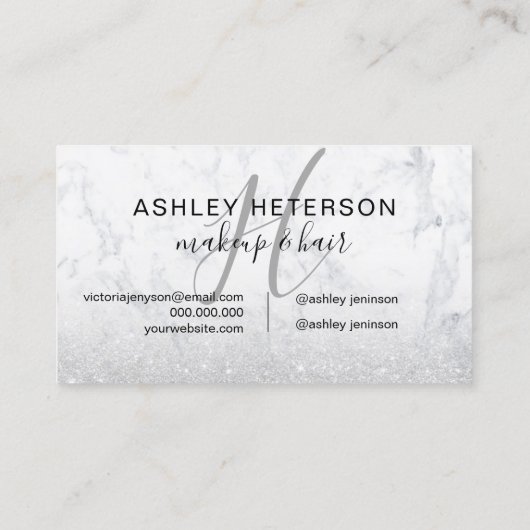 Makeup monogram script marmer Silver Glitter Visitekaartje (Achterkant)