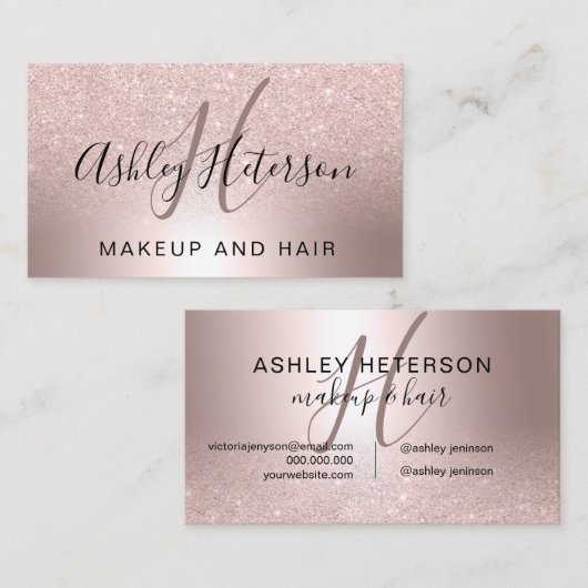 Makeup monogram script roos goud glitter metallic visitekaartje (Voorkant / Achterkant)