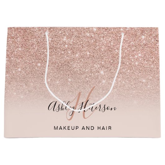 Makeup monogram zwart roos goud glitter script groot cadeauzakje (Voorkant)