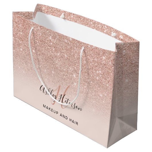 Makeup monogram zwart roos goud glitter script groot cadeauzakje (Achterkant Gekanteld)