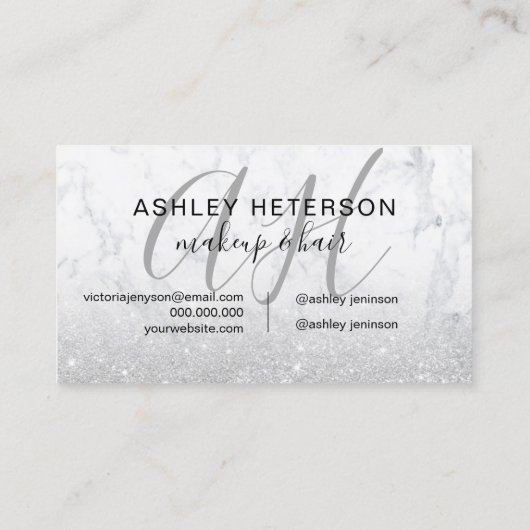 Makeup monogramme marble Silver Glitter script Visitekaartje (Achterkant)