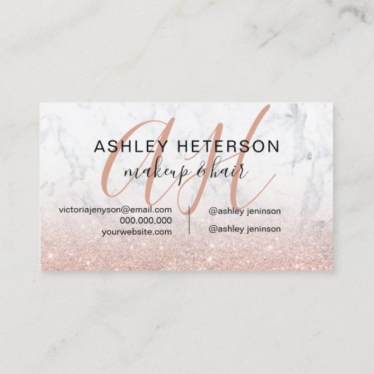 Makeup monogramme marmer roos gold glitter script visitekaartje (Achterkant)