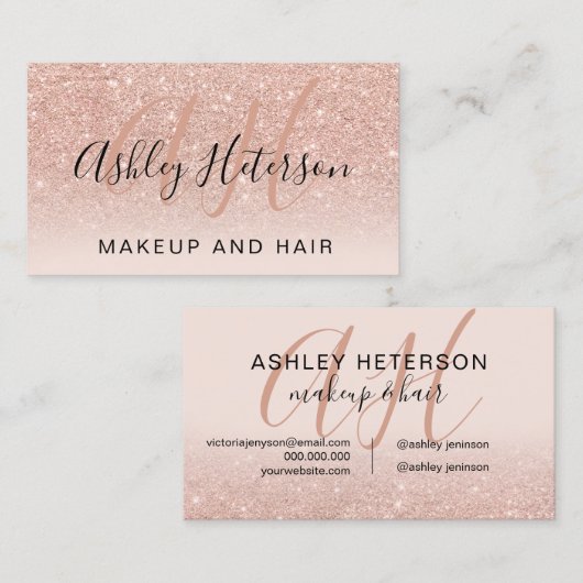 Makeup monogrammen script roos goud glitter blush visitekaartje (Voorkant / Achterkant)