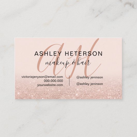 Makeup monogrammen script roos goud glitter blush visitekaartje (Achterkant)