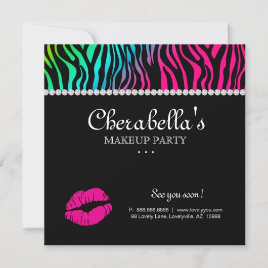 Makeup Party Invitation Zebra Rainbow Jewels Kaart (Voorkant)