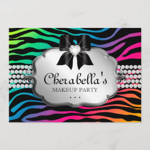 Makeup Party Invitation Zebra Rainbow Jewels Kaart