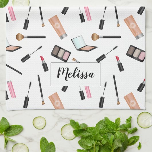 Makeup Stuff Illustrated Pattern Personalized Name Theedoek (Gevouwen)