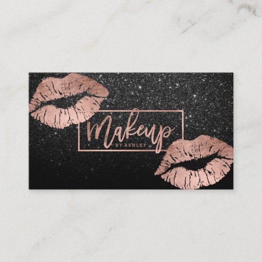 Makeup typografie lippen roos goud zwarte glitter visitekaartje (Voorkant)