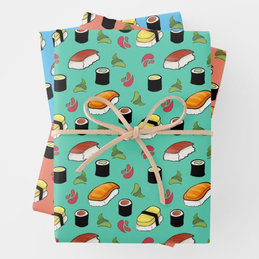 Maki en Nigiri Sushi met Wasabi en Ginger Inpakpapier Vel (In situ)