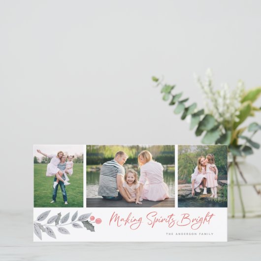 Making Spirits Bright Berry Bloemige 3 Foto Collag Feestdagenkaart (Staand voorkant)