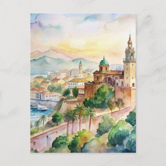 Malaga Spanje Cityscape Waterverf Schilderij Briefkaart (Voorkant)