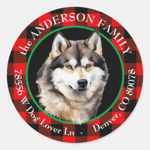 Malamute Dog Buffalo Plaid Retouradres Ronde Sticker