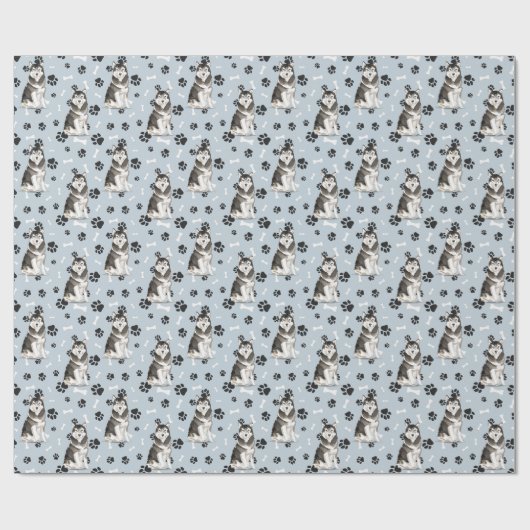 Malamute Dog Paw Print Pattern op Silver Blue Cadeaupapier (Vlak)