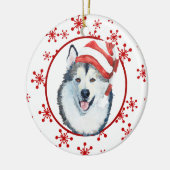Malamute Santa Hat Snowflake Ceramic Ornament (Links)