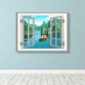 Malaysia Sailboat Ocean Mountains Faux Window Canvas Afdruk (Insitu (Houten vloer))