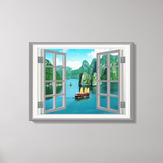 Malaysia Sailboat Ocean Mountains Faux Window Canvas Afdruk (Voorkant)