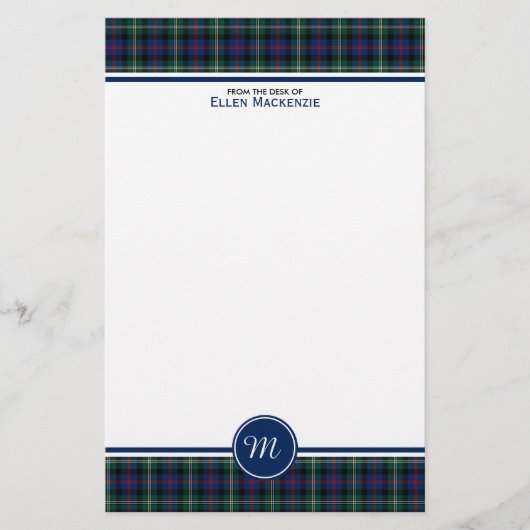Malcolm Clan Tartan Donkerblauw Plaid Monogram Briefpapier (Voorkant)