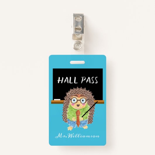 Male Hedgehog Enseignant Bleu Hall Pass Badge (Devant avec clip)