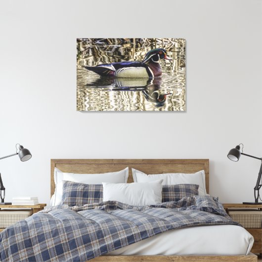 Male wood duck swimming in pond canvas print (Insitu (Slaapkamer))