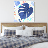 Maleah Monstera Tropical Hawaiian Waterverf - Blau Canvas Afdruk (Insitu (Slaapkamer))