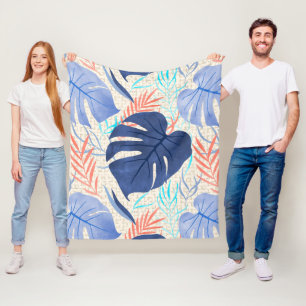 Maleah Monstera Tropical Hawaiian Waterverf - Blau Fleece Deken