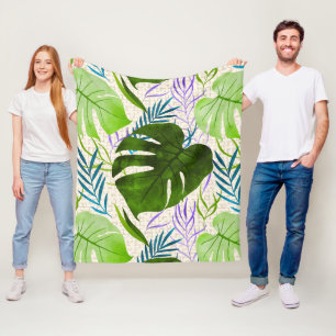 Maleah Monstera Tropical Hawaiian Waterverf-Green Fleece Deken