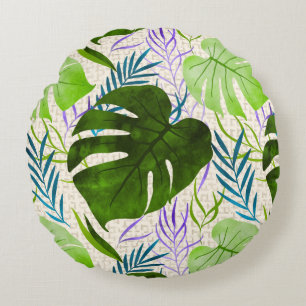 Maleah Monstera Tropical Hawaiian Waterverf-Green Rond Kussen