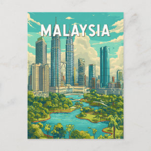 Maleisië Illustratie Reis Kunst Vintage Briefkaart