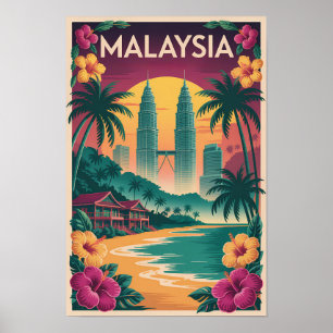 Maleisische landschapsillustratie Reis Kunst Vinta Poster
