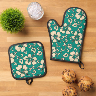 Malia Hawaiian Hibiscus Floral Jade Ovenwant & Pannenlap Set