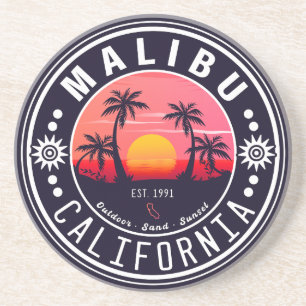 Malibu California Retro Zonsondergang Palmbomen ja Zandsteen Onderzetter