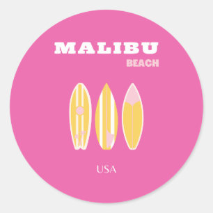Malibu, Malibu Beach, Reiskunst, Preppy, Roze Ronde Sticker