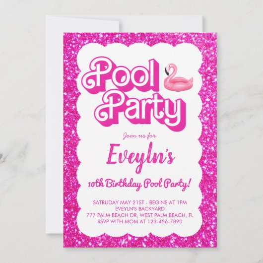 Malibu Roze Pop Uitnodiging voor Poolparty (Voorkant)