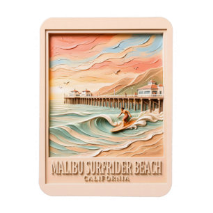 Malibu Surfrider Beach Surfen 3D Textuur Vintage Magneet
