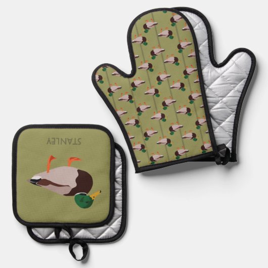Mallard Duck Realistic Illustralized Personalized Ovenwant & Pannenlap Set (Voorkant / Achterkant)