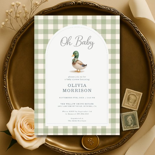 Mallard Duck Sage Green Gingham Baby Shower Kaart