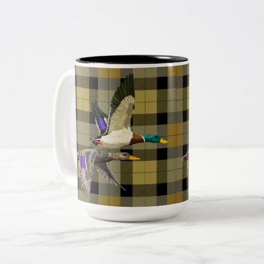 Mallard Ducks op Plaid Tweekleurige Koffiemok (Voorkant links)