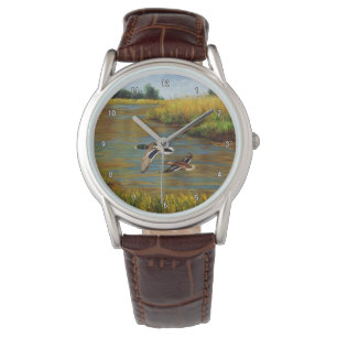 Mallard Ducks vliegen over de hond Horloge