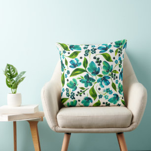 Mallorie - Blauwgroen Blauw en Groen Waterverf Blo Kussen