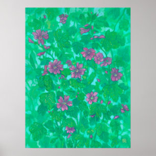 Mallow Bloom, Malva Flowers Summer Floral Painting Poster