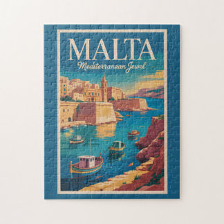 Malta Coast Illustration Travel Art Vintage Legpuzzel