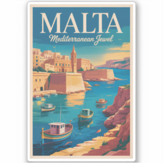 Malta Coast Illustration Travel Art Vintage Sticker