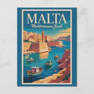 Malta Kust Illustratie Reis Kunst Vintage Briefkaart