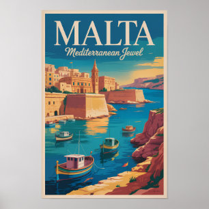 Malta Kust Illustratie Reis Kunst Vintage Poster