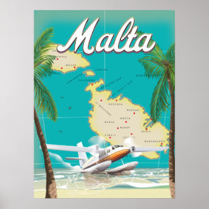 Malte plage et carte affiche voyage