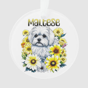 Maltees Klein :Witte hond Bree in gele bloemen Ornament