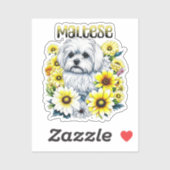 Maltees Klein :Witte hond Bree in gele bloemen Sticker (Vel)