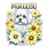 Maltees Klein :Witte hond Bree in gele bloemen Sticker (Voorkant)
